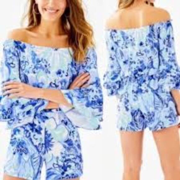 Lilly Pulitzer Calla Off Shoulder Romper Catch N Keep Coastal Blue Ruffle XXS - Picture 1 of 8